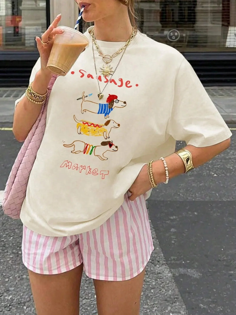 Dachshund and letter print short-sleeved T-shirt Casual and versatile style Suitable for summer daily wear and going out