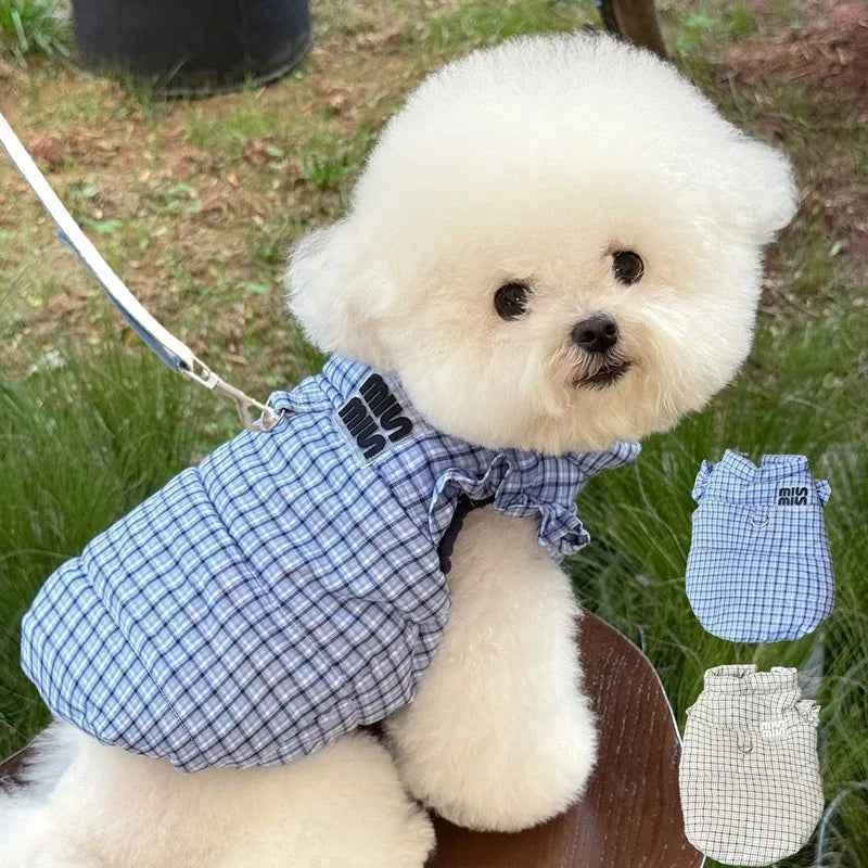 Blue Checkered Dog Clothes Teddy Winter Thickened Cotton Coat Yorkshire Warm-Weather Outerwear with Traction Buckle