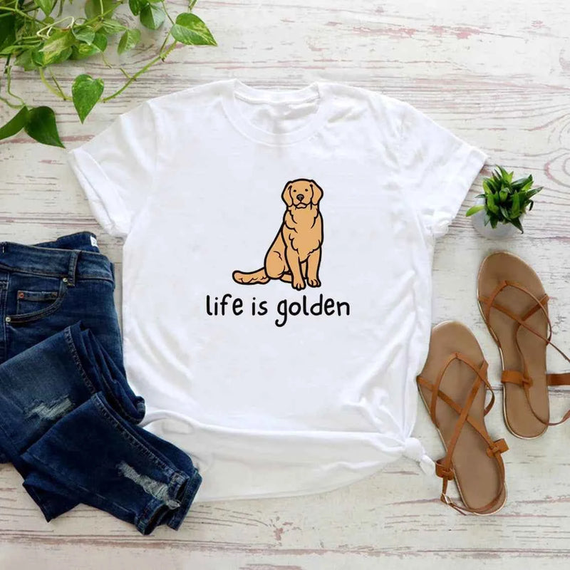 Cute Golden Retriever Dog Mom Tshirt Life Is Golden Shirt O-Neck T-shirts Casual Short Sleeve Tee English Retriever Gift Y2K Top