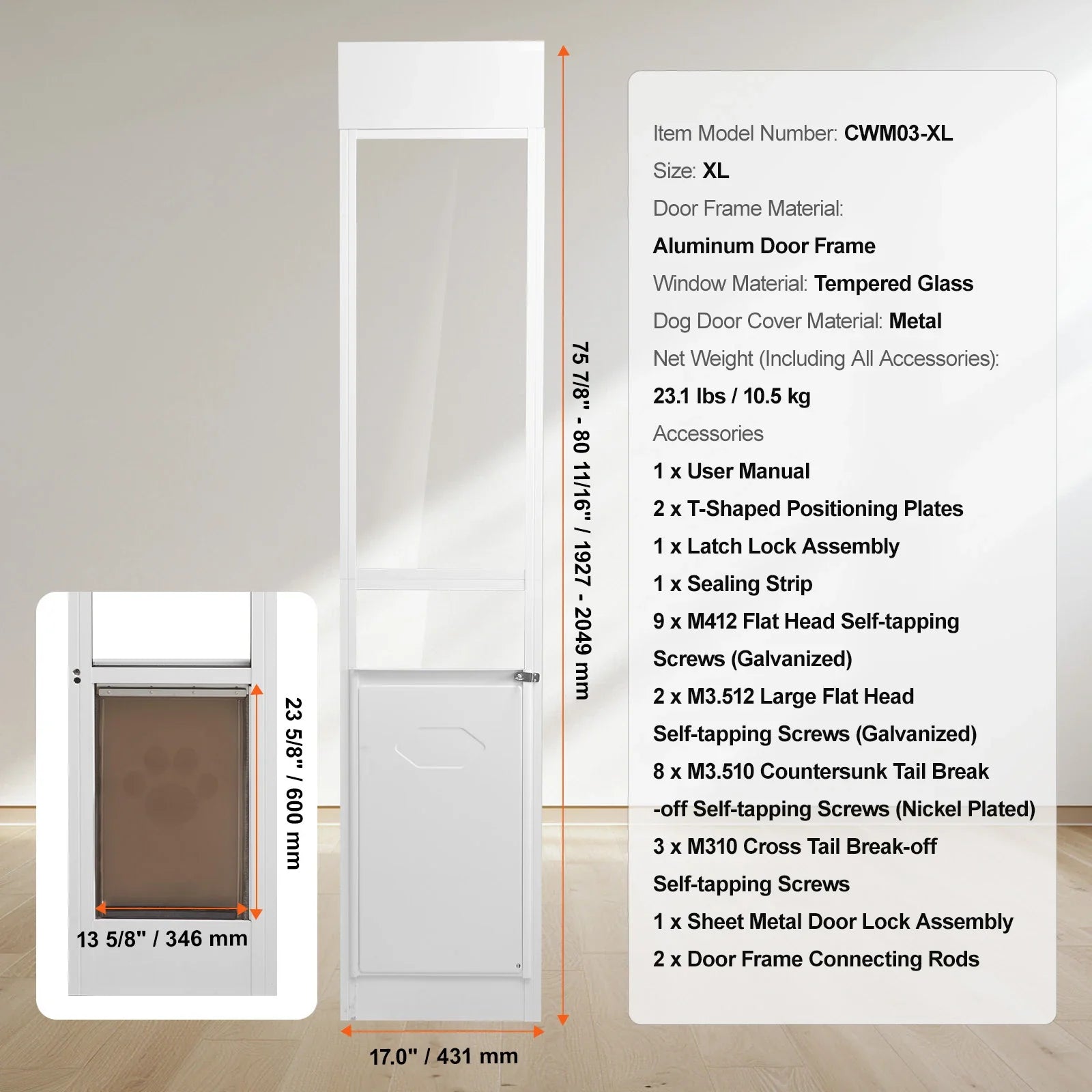 SucceBuy Sliding Glass Pet Door - Adjustable 76-81" Aluminum Frame