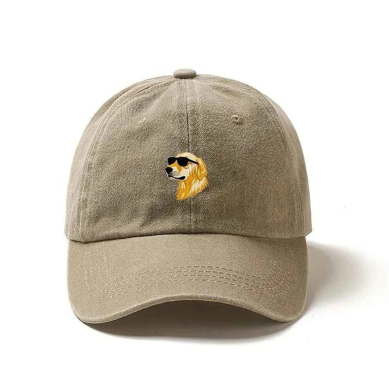 Wearing sunglasses, a golden retriever printed baseball cap, a gift for dog lovers with multiple colors to choose from
