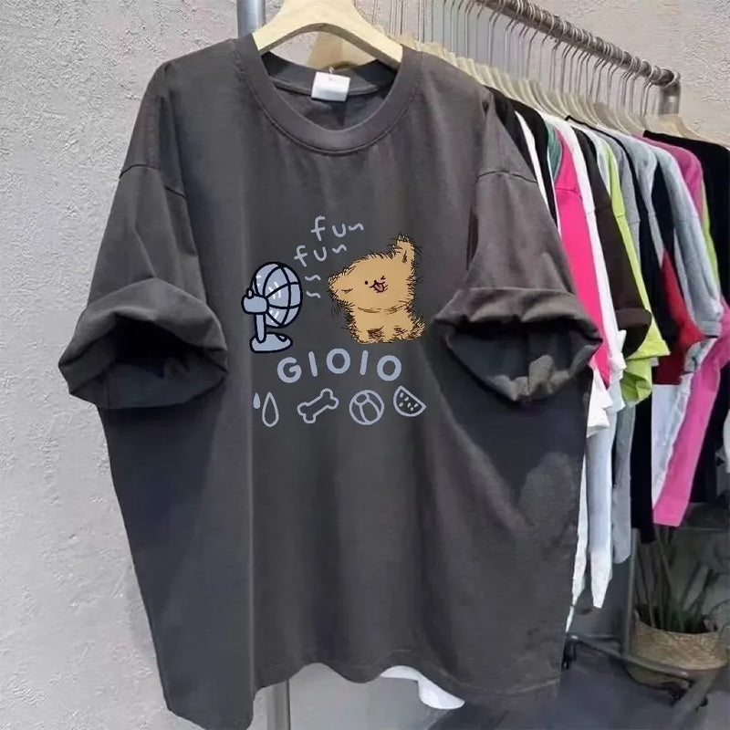 Women's Cute Dog Print Oversized T-shirt Cotton Plus Size Casual Summer Top