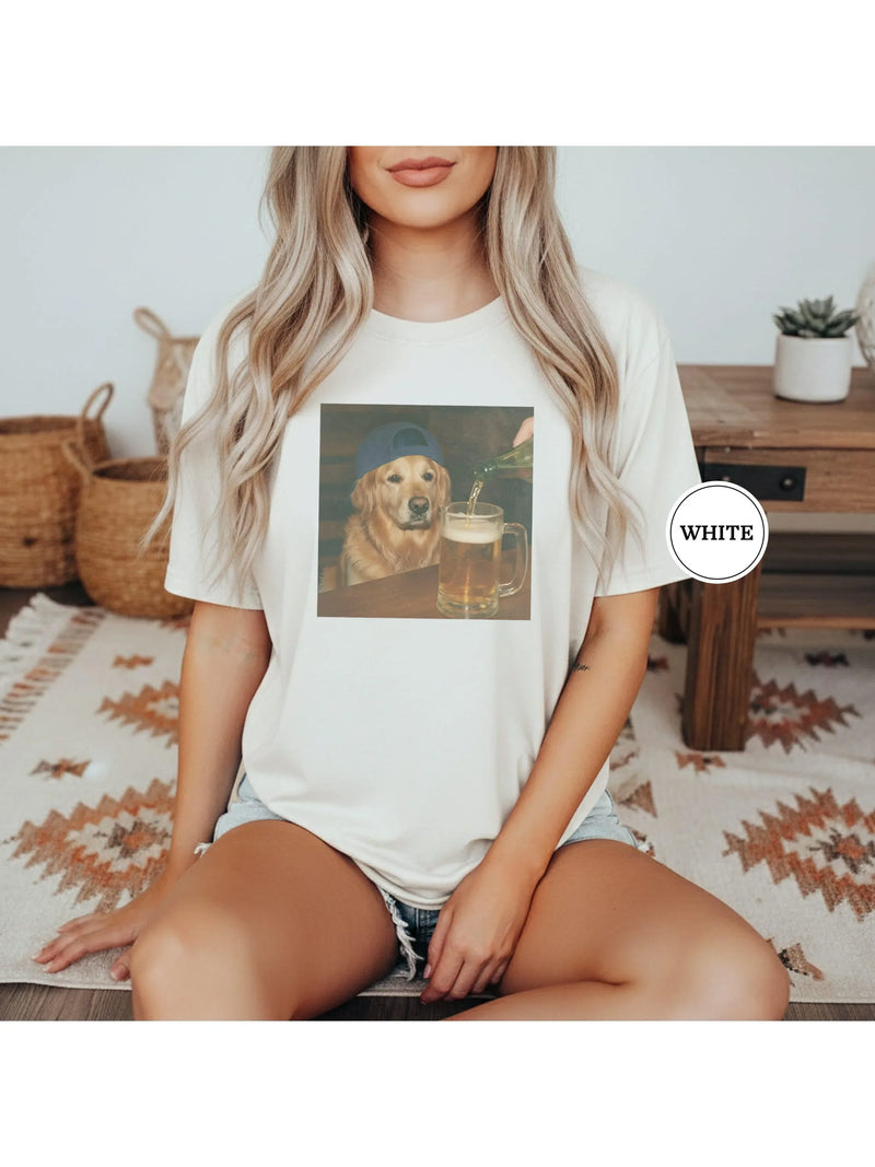 Summer Women's T-shirt, Funny Golden Retriever Drinking Beer T-shirt Printed T-shirt