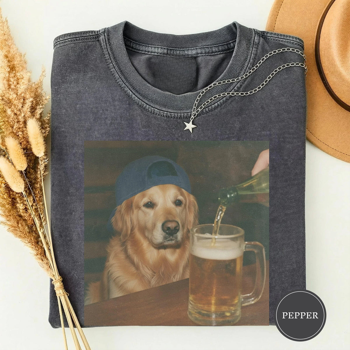 Summer Women's T-shirt, Funny Golden Retriever Drinking Beer T-shirt Printed T-shirt
