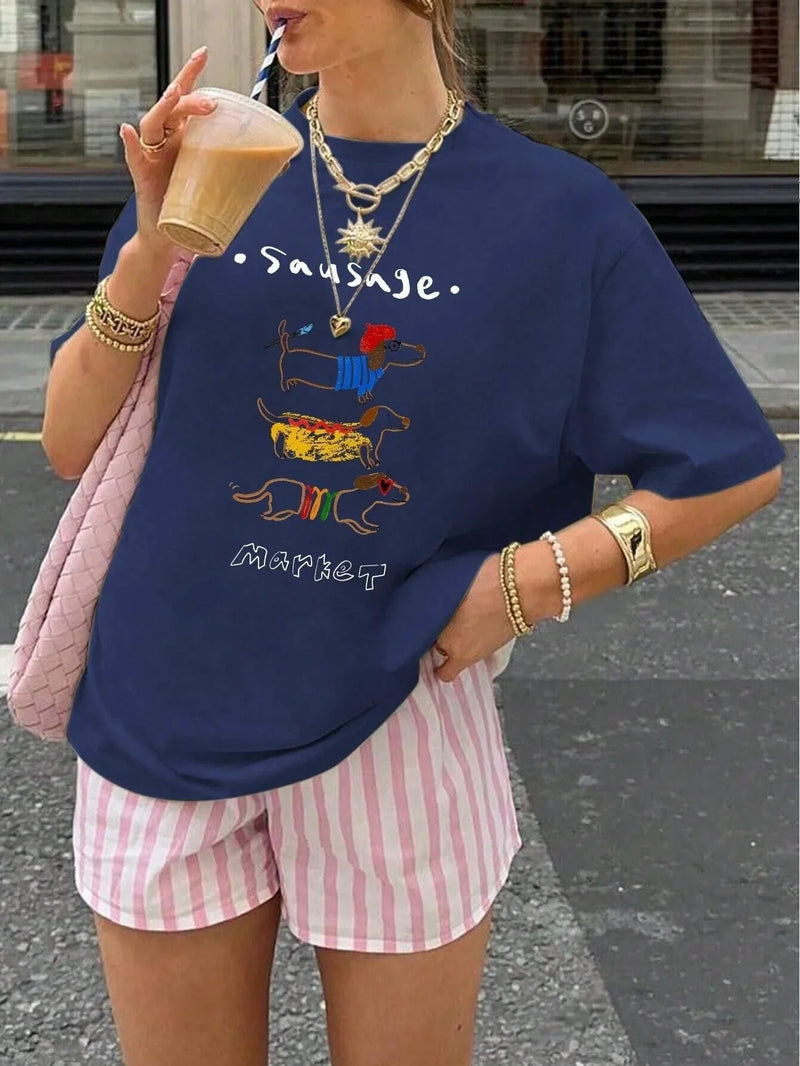 Dachshund and letter print short-sleeved T-shirt Casual and versatile style Suitable for summer daily wear and going out