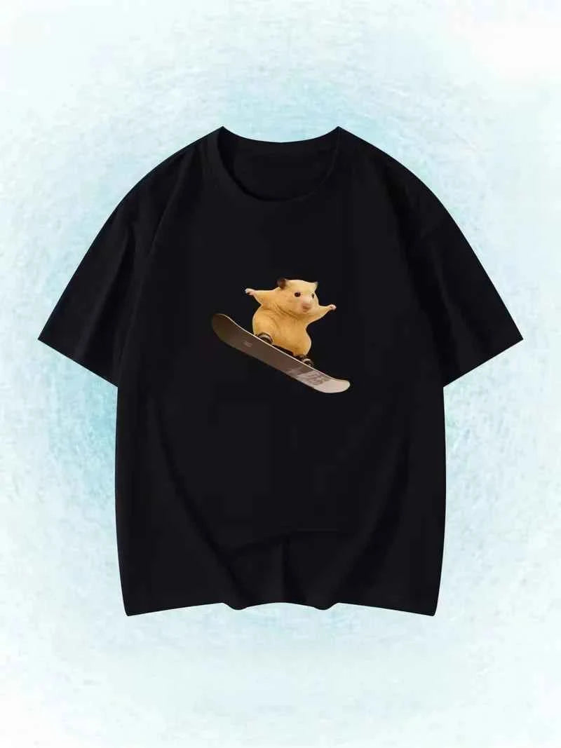 Funny Snowboarding Hamster Animal Print T-Shirt Cute Meme Loose Short Sleeve Unisex Casual Summer Top for Women Daily Y2k Tops
