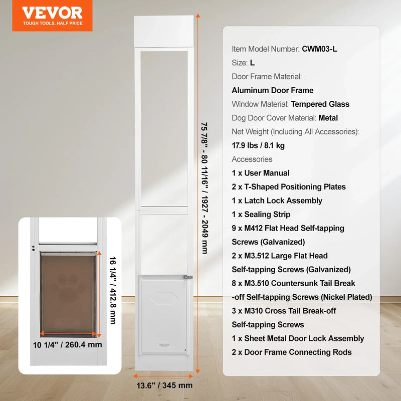 SucceBuy Sliding Glass Pet Door - Adjustable 76-81" Aluminum Frame