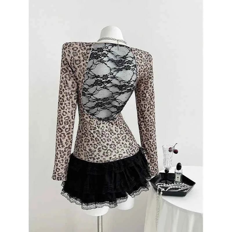 Benuynffy Leopard Print Scoop Neck Sequins T Shirt Women Spring Summer Fashion Long Sleeve Sexy Backless Lace Party Tops Tee