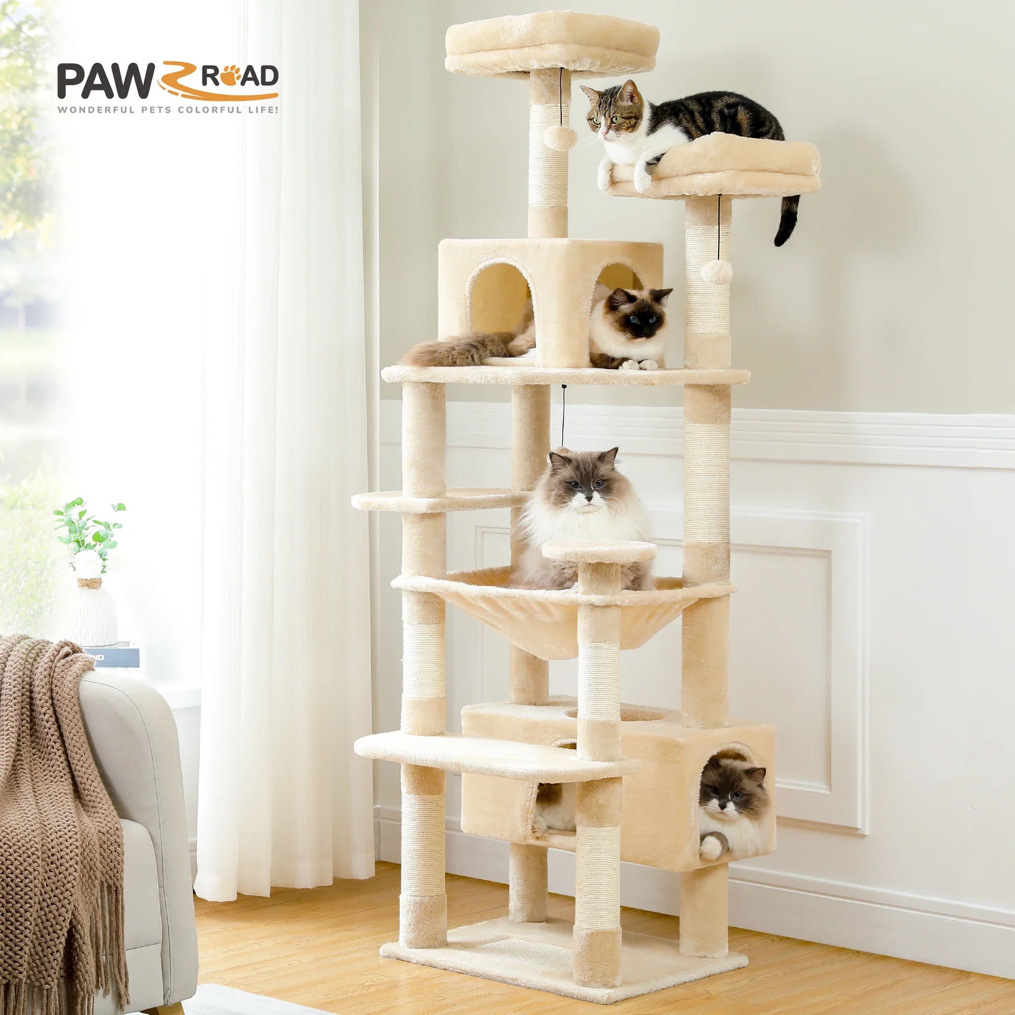PAWZ Road 72" Large Cat Tree Tower with Hammock and Condo