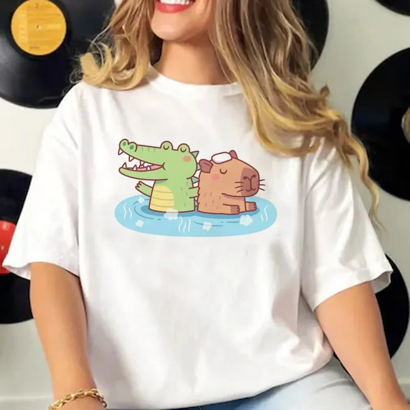 Capybara T-shirts Women Manga Graphic Tee Harajuku Top Female Japanese Manga Designer Clothing