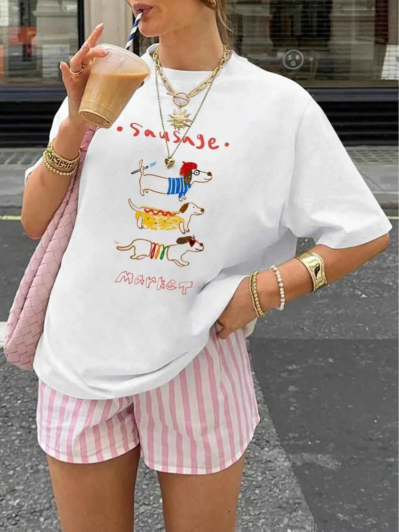 Dachshund and letter print short-sleeved T-shirt Casual and versatile style Suitable for summer daily wear and going out