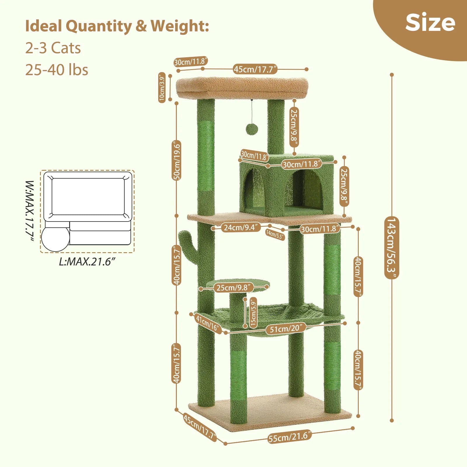 PAWZ Road Cactus Cat Tree Tower for Large Cats - Green 56"