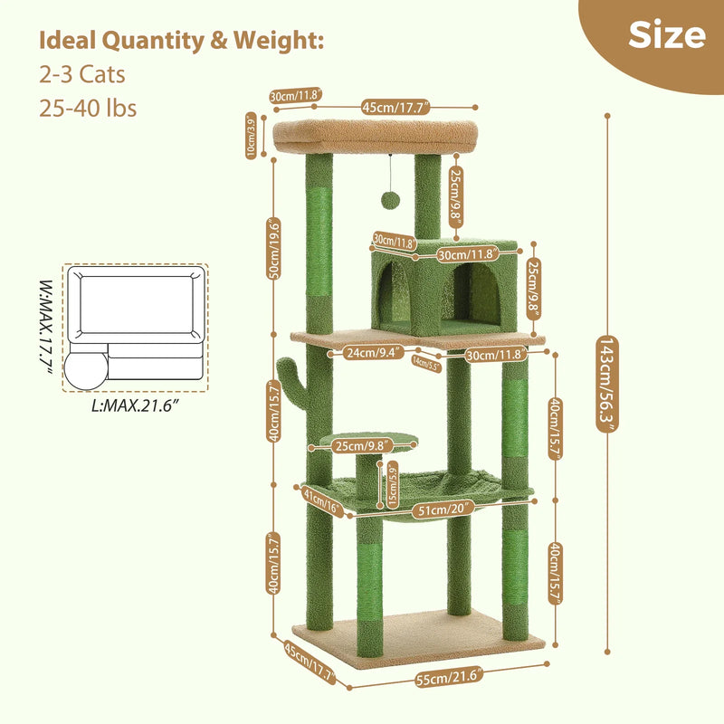PAWZ Road Cactus Cat Tree Tower for Large Cats - Green 56"