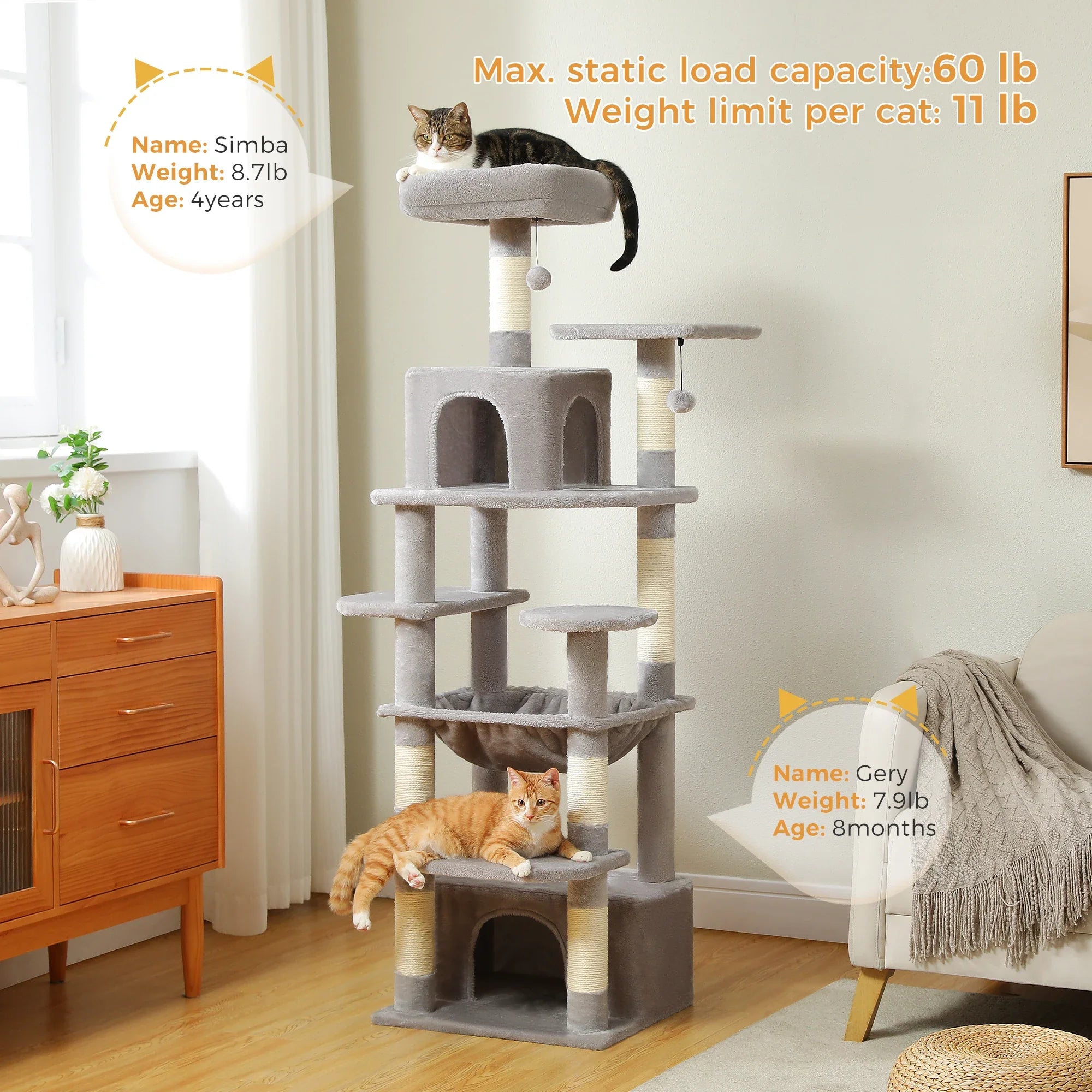 PAWZ Road Large Cat Tree Tower - 72" Multi-Level with Condo Grey