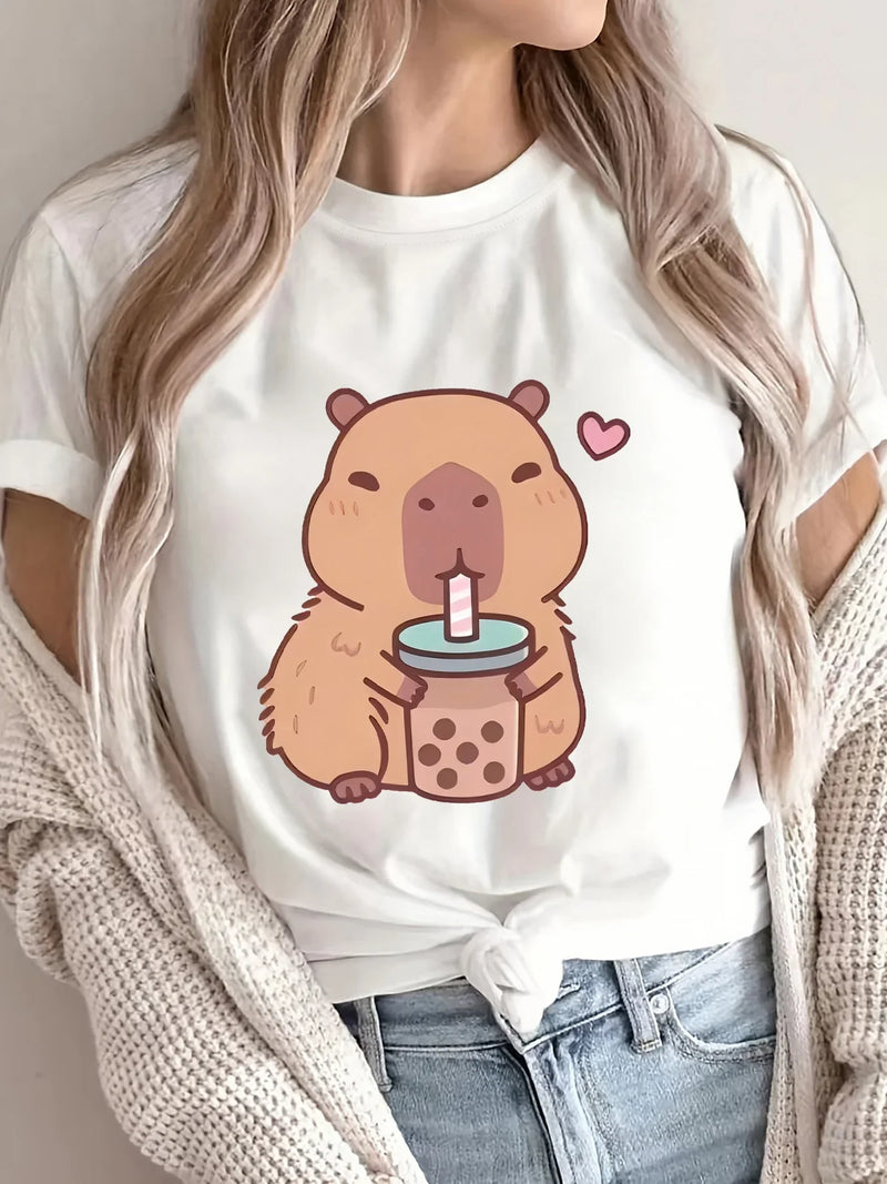 Women's Cute Capybara Boba Tee - Casual Short Sleeve Round Neck Polyester Knit Machine Washable Capybara T Shirt