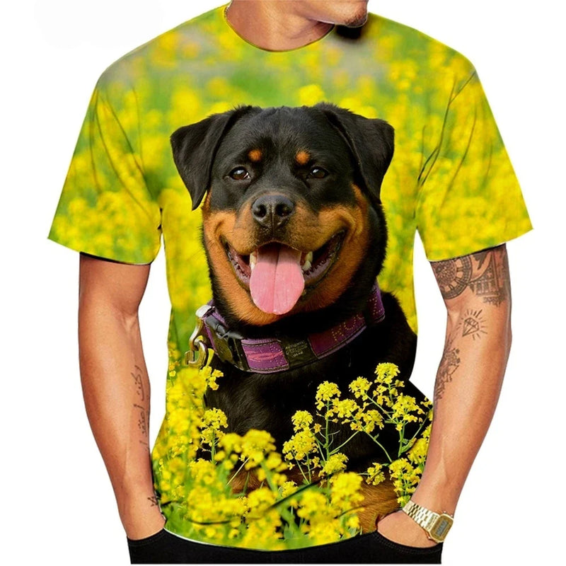 Cute Pet Dog Summer Men's T-Shirt 3D Rottweiler Fashion Print Short Sleeve Outdoor Casual Tee Loose Comfortable Men's Clothing