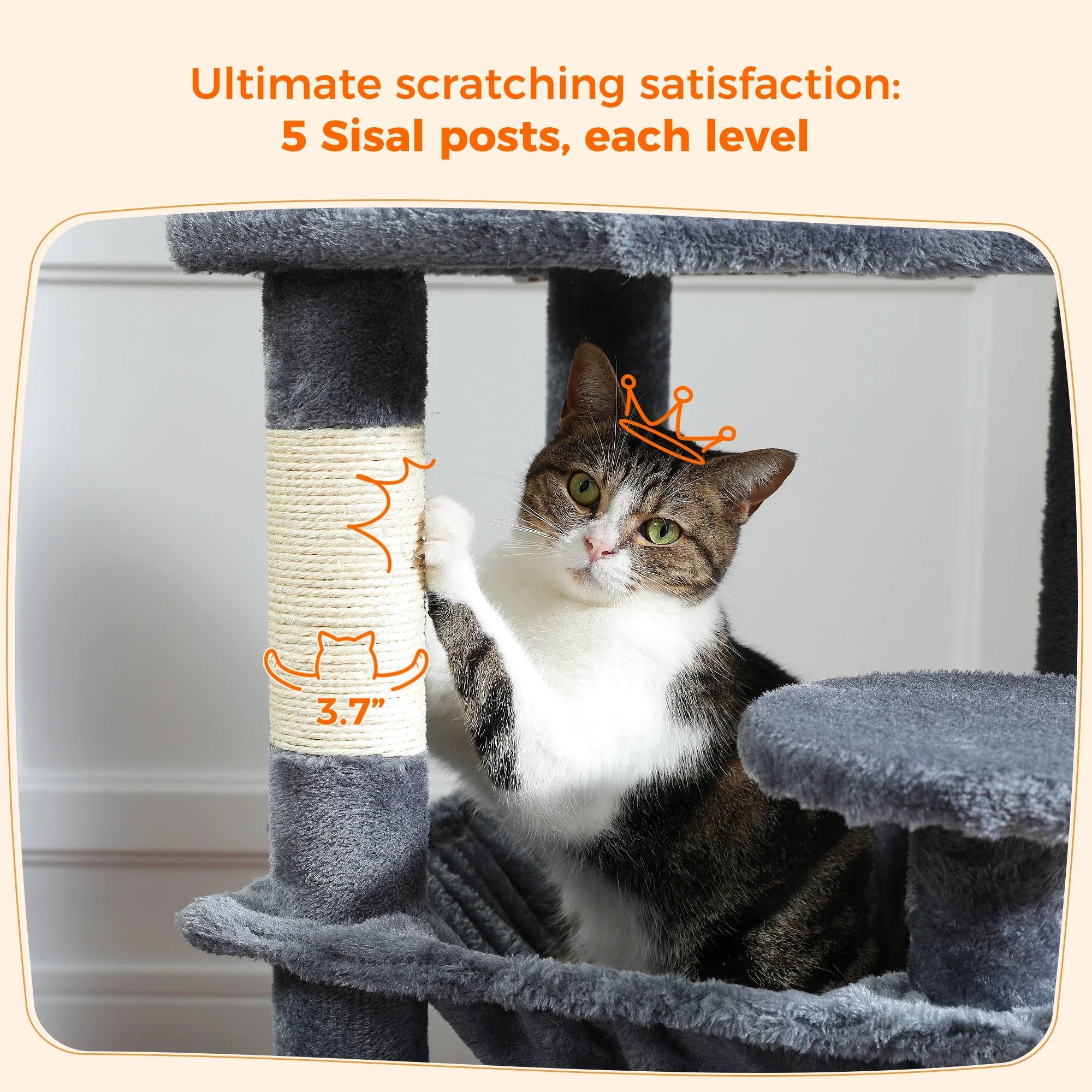 PAWZ Road Large Cat Tree Tower - 72" Multi-Level with Condo Grey