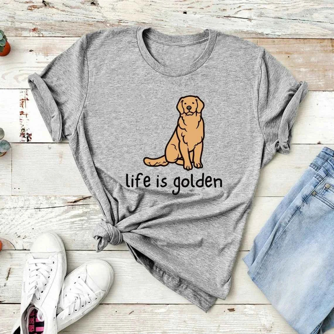 Cute Golden Retriever Dog Mom Tshirt Life Is Golden Shirt O-Neck T-shirts Casual Short Sleeve Tee English Retriever Gift Y2K Top