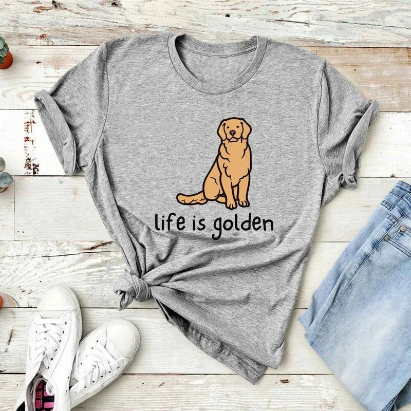 Cute Golden Retriever Dog Mom Tshirt Life Is Golden Shirt O-Neck T-shirts Casual Short Sleeve Tee English Retriever Gift Y2K Top