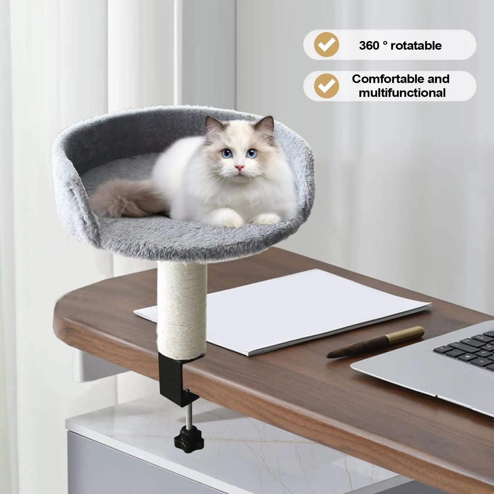Cat Desk Perch Adjustable Desktop Floating Cat Bed Rotation Desk Clamp Kitten Bed Space-Saving Cat Hammock Perch For Table