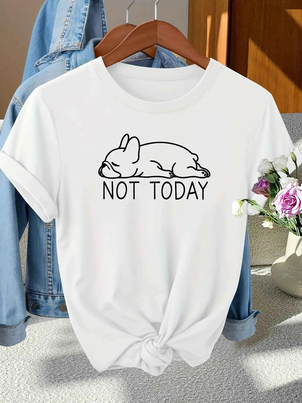 Not Today French Bulldog Women's Tee - Lazy Dog Graphic, Casual Gray Top
