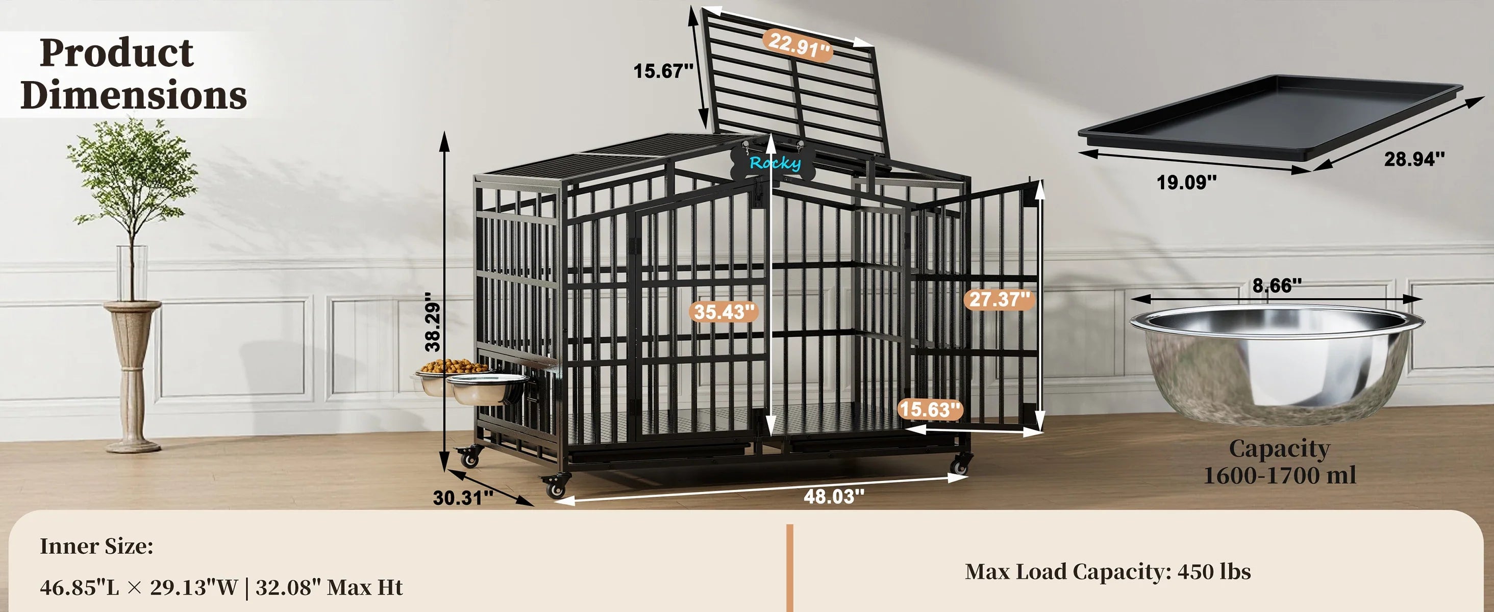 EasyCom Heavy Duty Metal Dog Crate with Bowls and Wheels