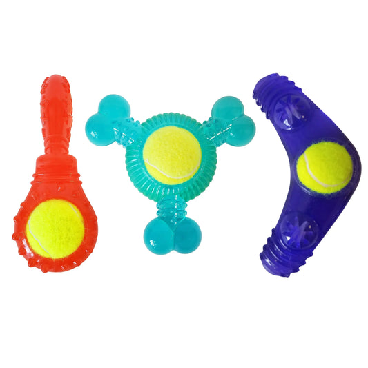 Tennis Ball Dog Toy Variety Pack (Boomerang, 3-Bone Squeaker, Orange Squeaker) American Pet Supplies