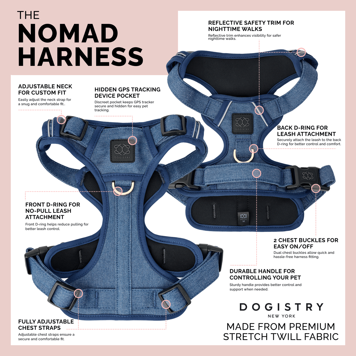 The NoMad Adjustable Luxe Harness - Denim Dogistry™