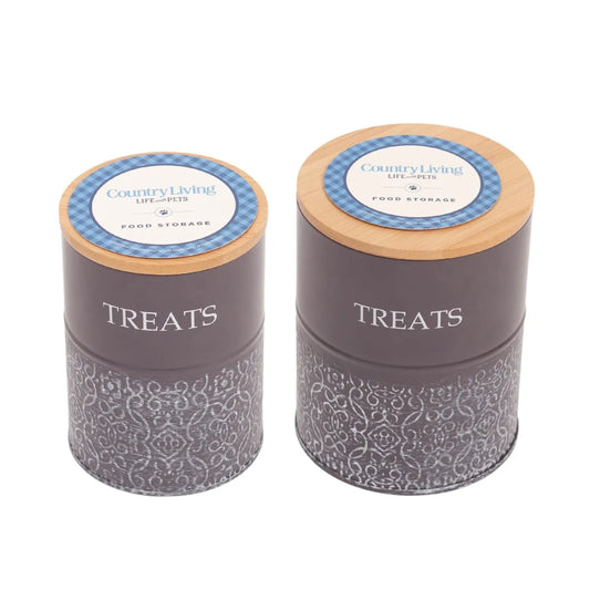 Country Living Dog Treat Canisters - Set of 2 Carbon Steel Jars with Bamboo Lids – Volcanic Gray American Pet Supplies