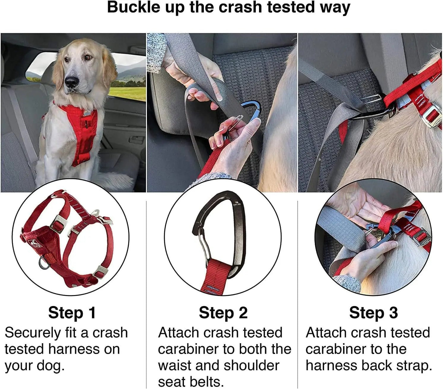Enhanced Strength Tru-Fit Dog Car Harness - Crash Tested for Safety - Broad Chest Plate - All Steel Nested Buckles - Includes Seatbelt Tether - Red - Large