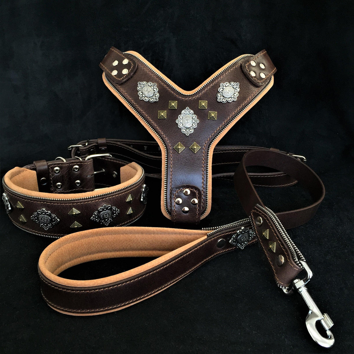 Bestia Aztec Leather Harness, Collar & Leash Set – Brown, Large Breeds