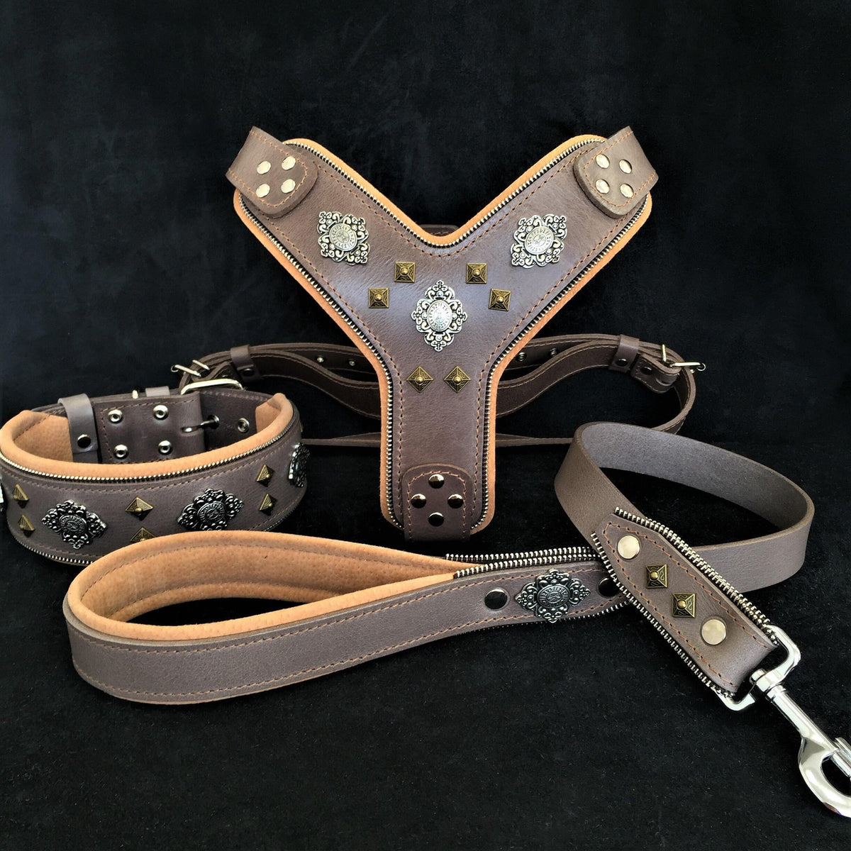 Bestia Aztec Leather Harness, Collar & Leash Set – Grey, Large Breeds