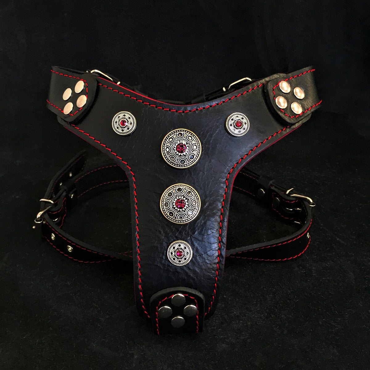 Bestia Bijou Leather Dog Harness – Black & Red, Small–Medium Dogs