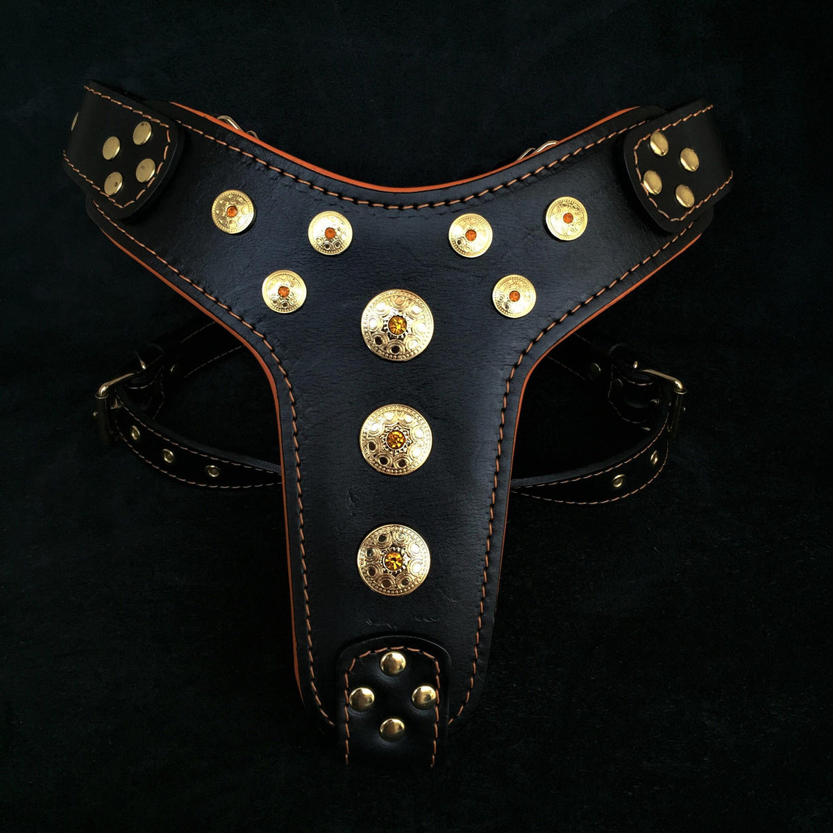 Bestia Bijou Leather Dog Harness – Black & Orange, Large Breeds