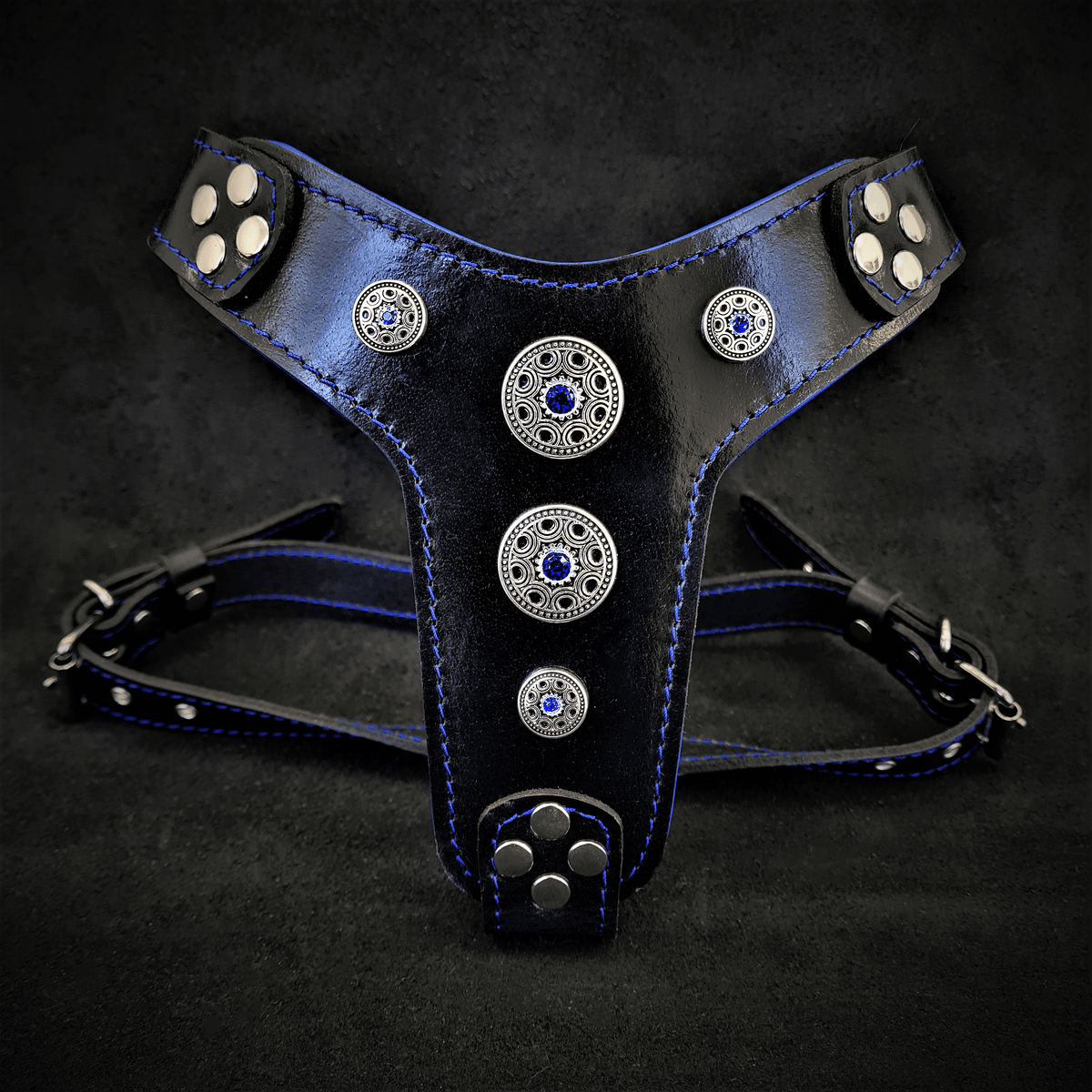 Bestia Bijou Leather Dog Harness – Black & Blue, Small–Medium Dogs