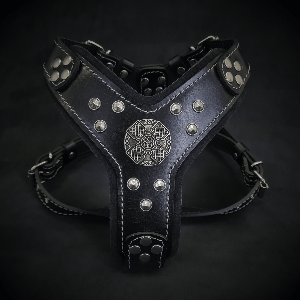 Bestia Maximus Leather Dog Harness – Black & Silver, Small–Medium Dogs