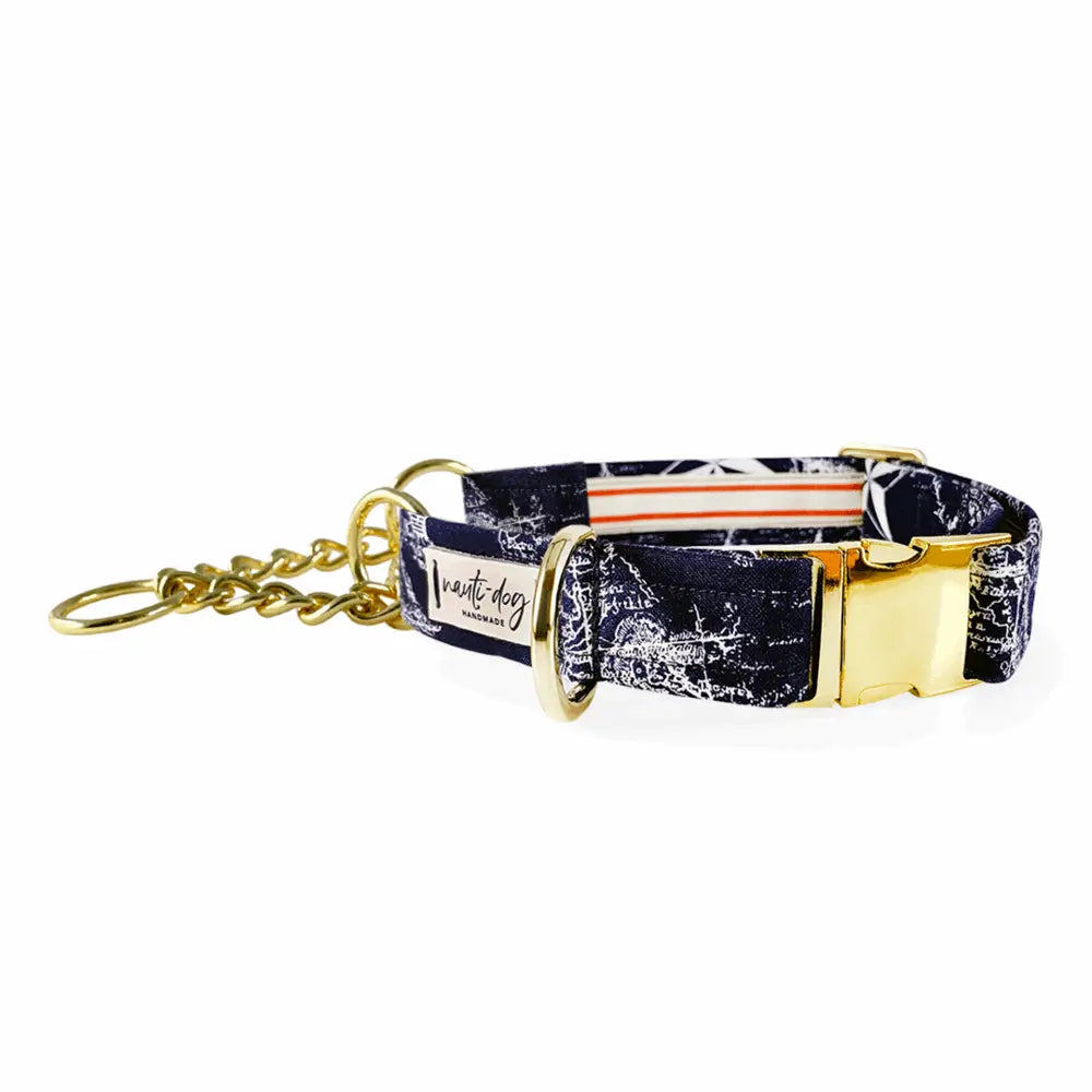 Carta Marina Navy Vintage Nautical Toile Buckle & Martingale Dog Collar Nauti-dog Handmade