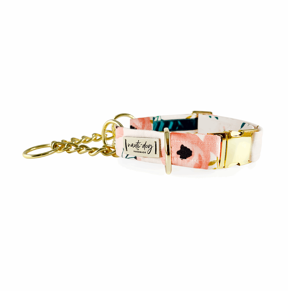 Charleston Blush Floral Tea Rose Buckle & Martingale Dog Collar Nauti-dog Handmade