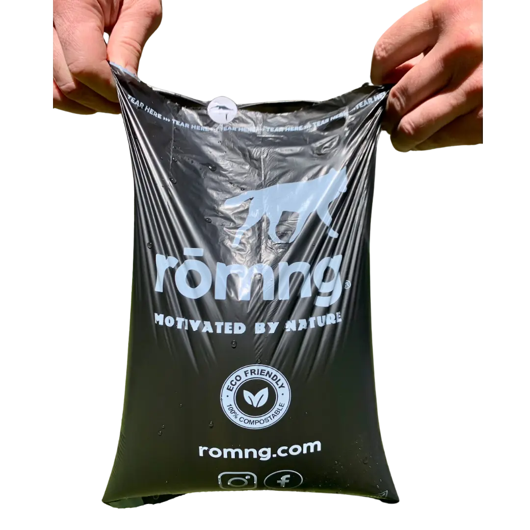 compostable plant-based dog poop bags + bamboo dispenser rōmng