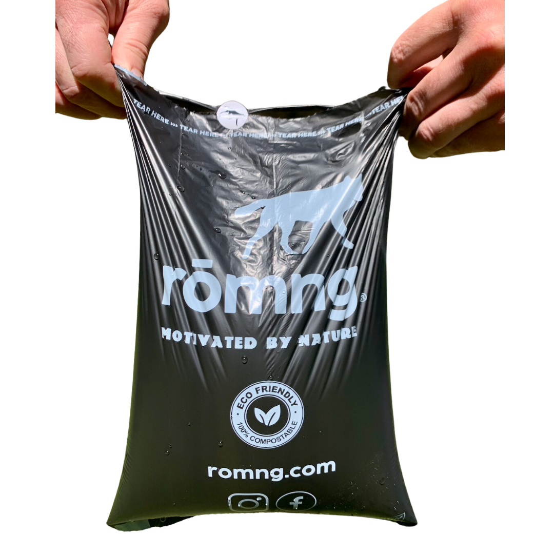 Compostable Dog Poop Bags + Bamboo Dispenser rōmng