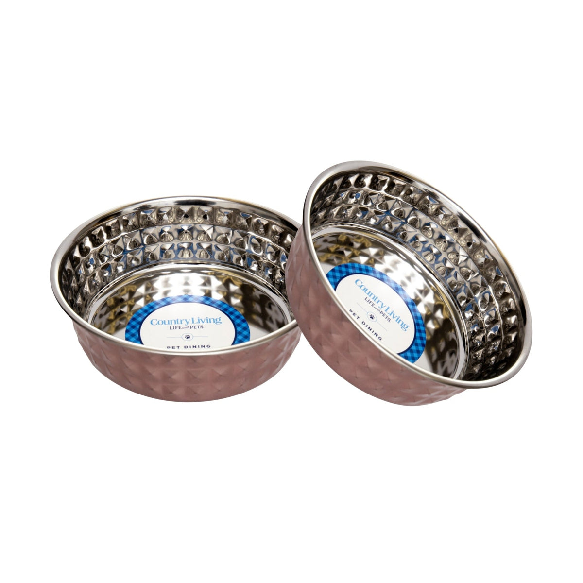 Country Living Set of 2 Hammered Stainless Steel Dog Bowls – Ideal for Extra Large Breeds – Rose Quartz/64oz