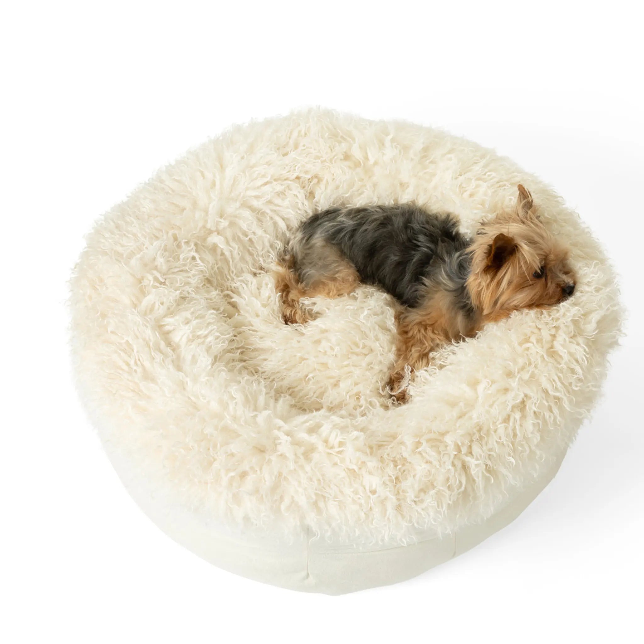 PupPouf™ Luxe Faux Fur Donut Dog Bed - Plush Sheep Ivory Paw.com