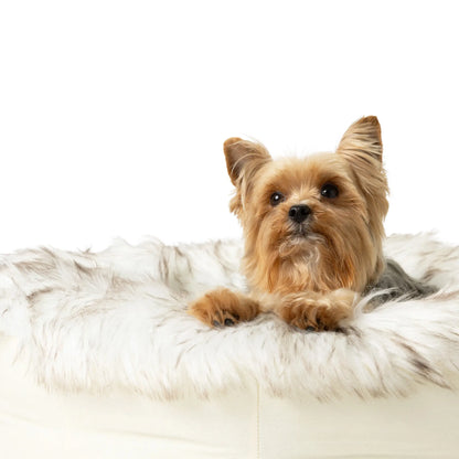 PupPouf™ Faux Fur Donut Dog Bed - White with Brown Accents Paw.com
