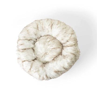PupPouf™ Faux Fur Donut Dog Bed - White with Brown Accents Paw.com