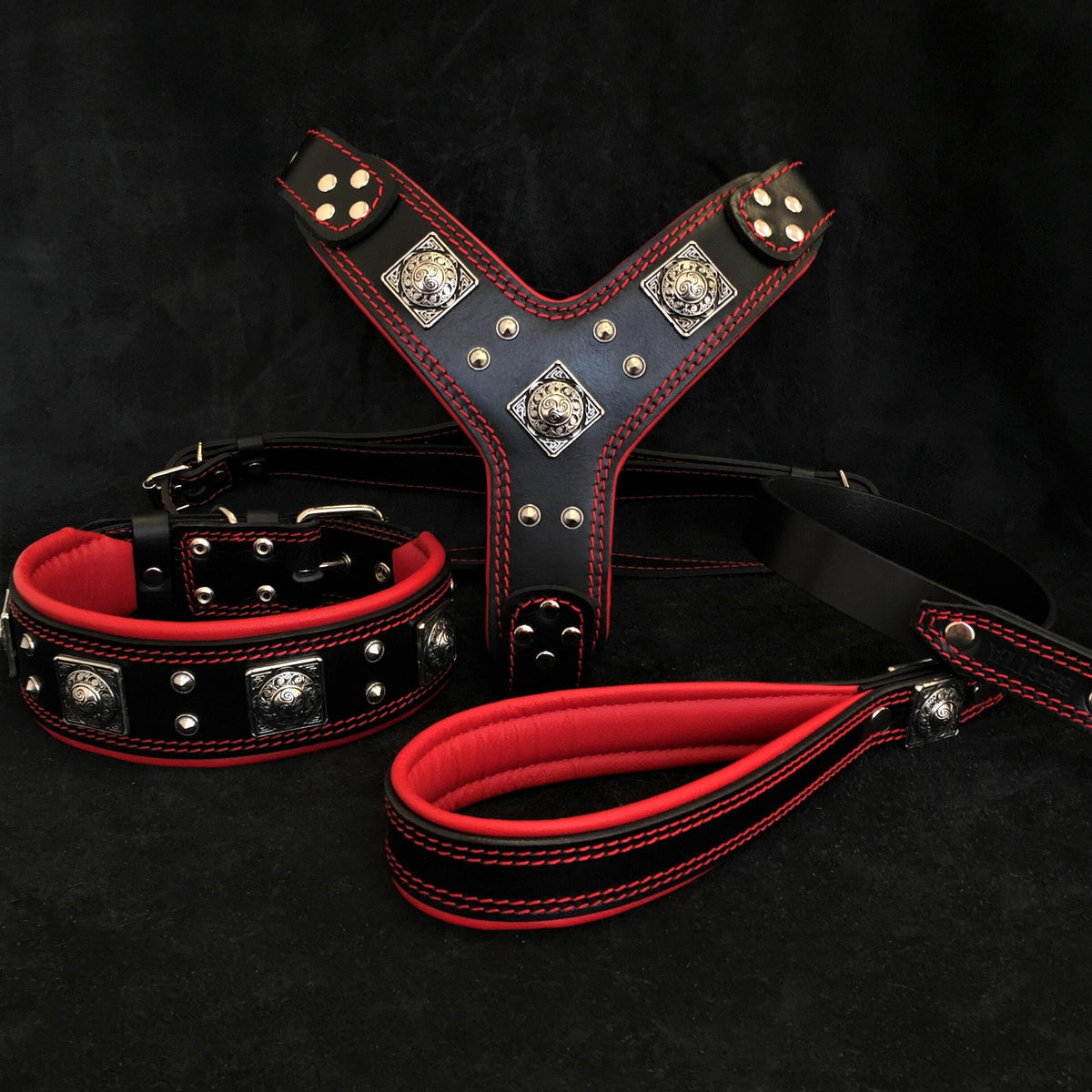 Bestia Eros Leather Harness, Collar & Leash Set – Black & Red, Large Breeds