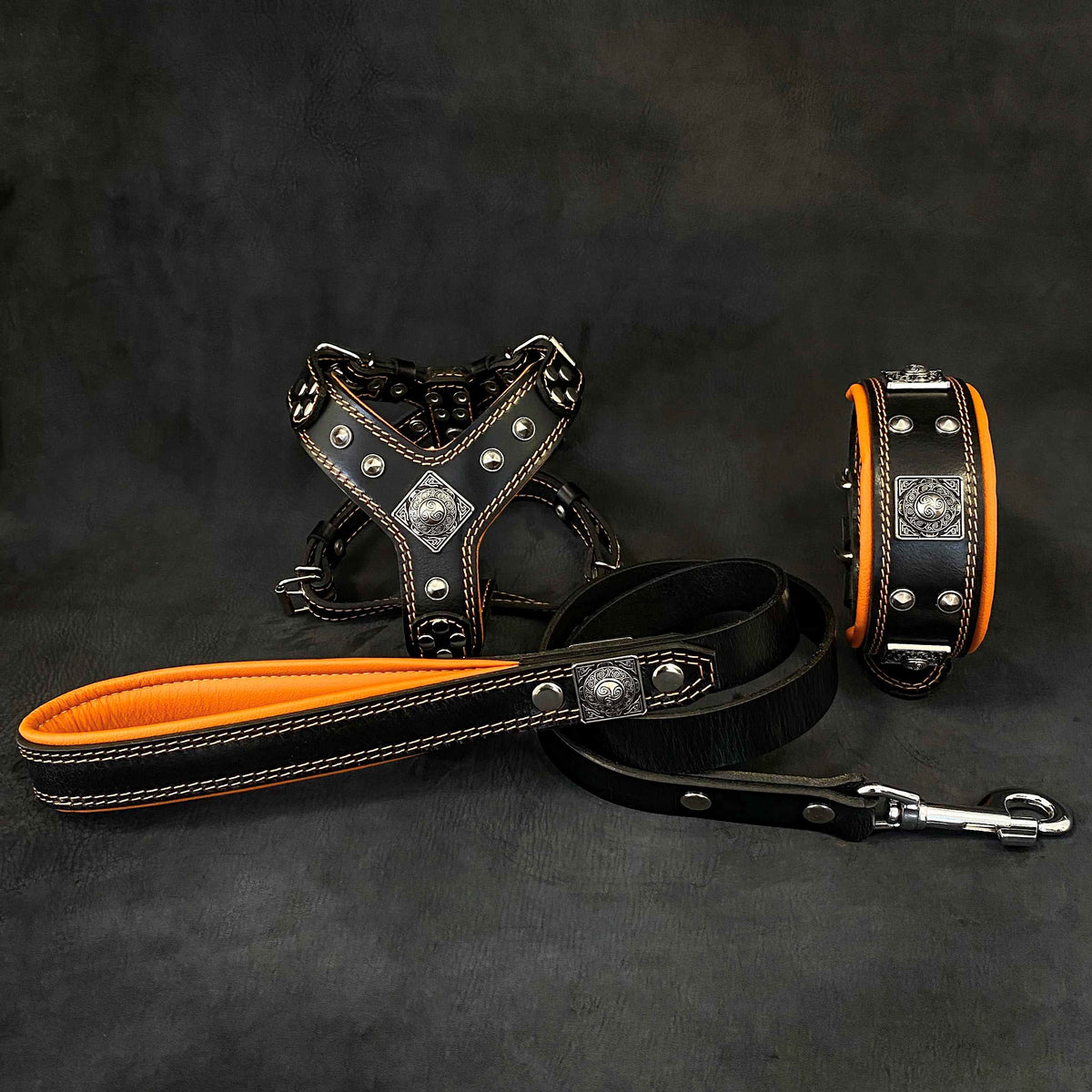 Bestia Eros Leather Harness, Collar & Leash Set – Black & Orange, Small–Medium Dogs