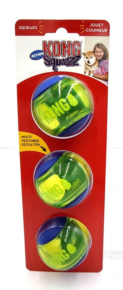 KONG Squeezz Action Ball Medium Blue 3 Pack Squeaky Dog Fetch Toy
