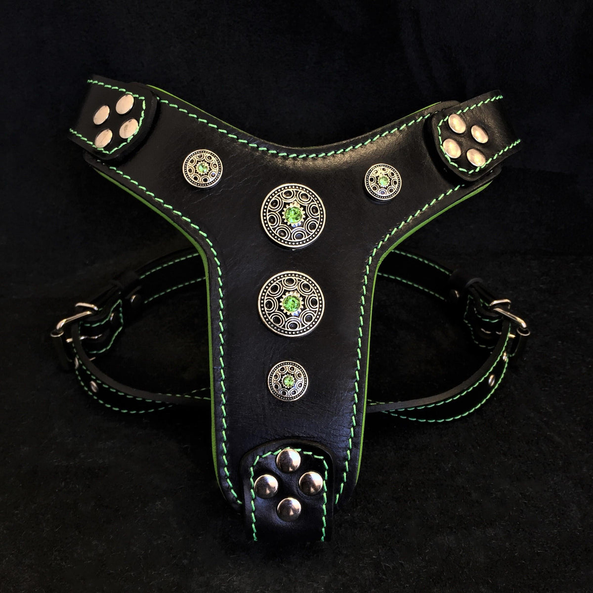 Bestia Bijou Leather Dog Harness – Black & Green, Small–Medium Dogs