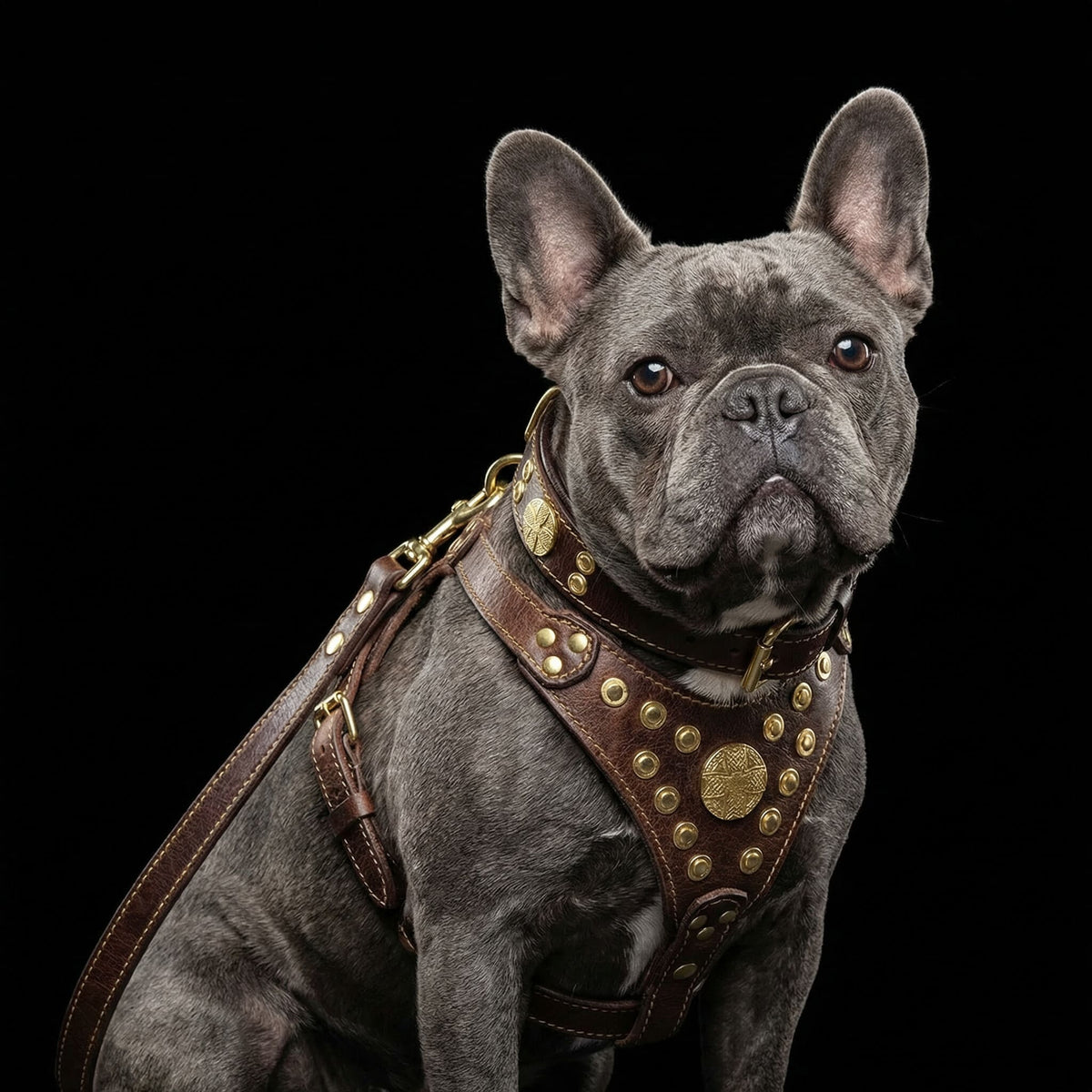 Bestia Maximus Leather Harness, Collar & Leash Set – Brown & Gold, Small–Medium Dogs