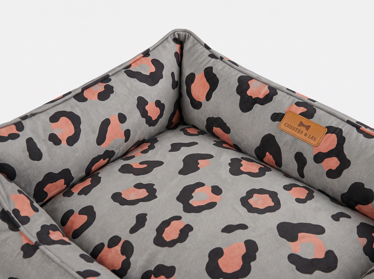 Chester & Lee | Velvet Sleeper Dog Bed Gray & Peach Leopard Print